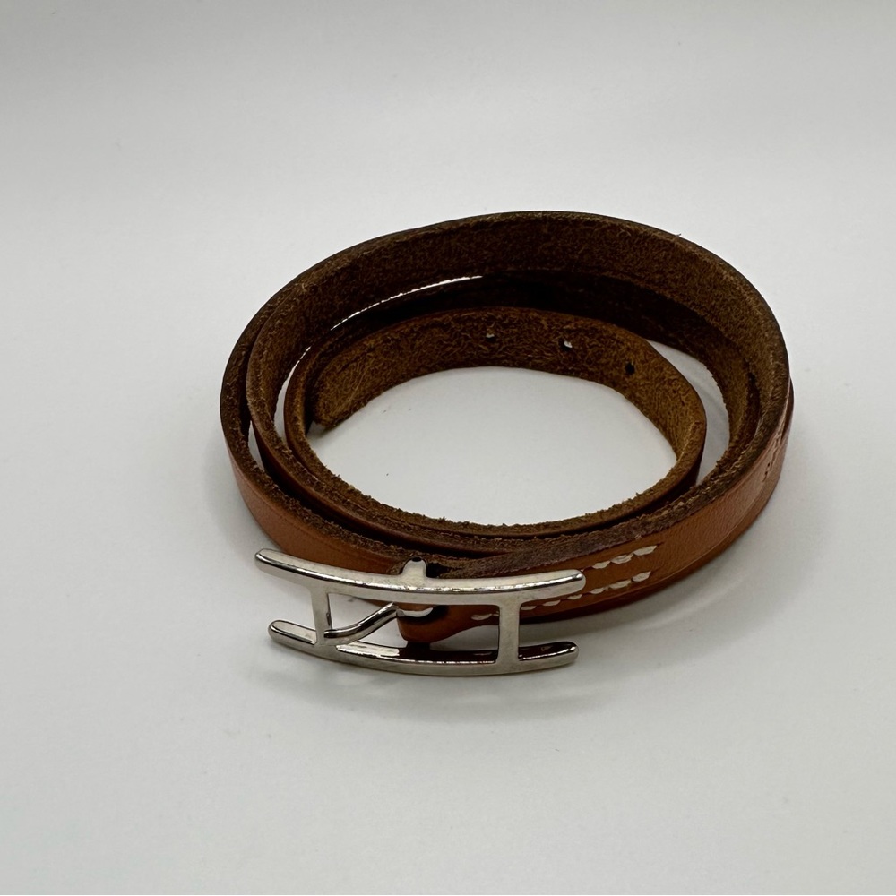 Authentic Hermès Atamé leather bracelet In Tan & Silver